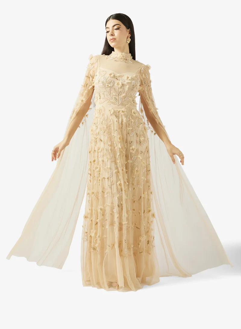 3D Floral Embellished Evening Gown with Cape Sleeves